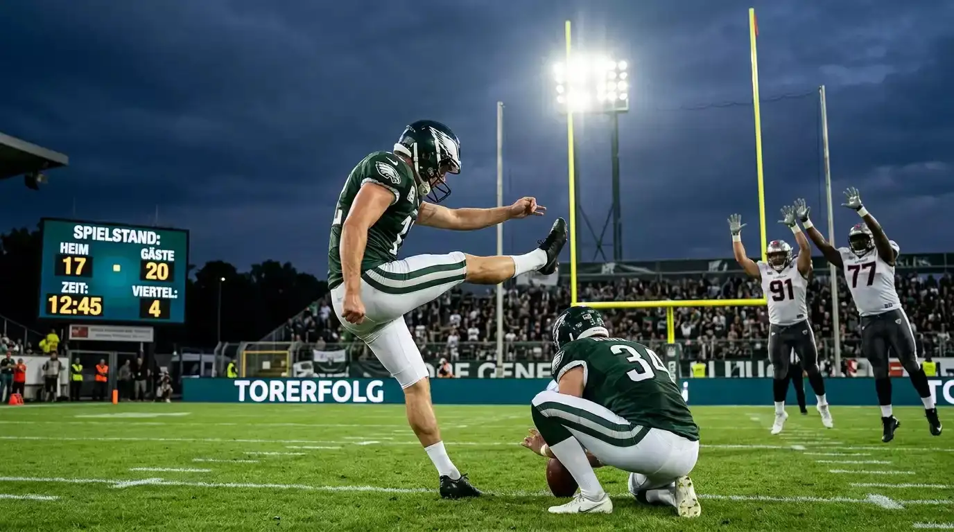 American-Football-Kicker beim Field-Goal-Versuch auf dem Spielfeld mit sichtbaren Yard-Markierungen