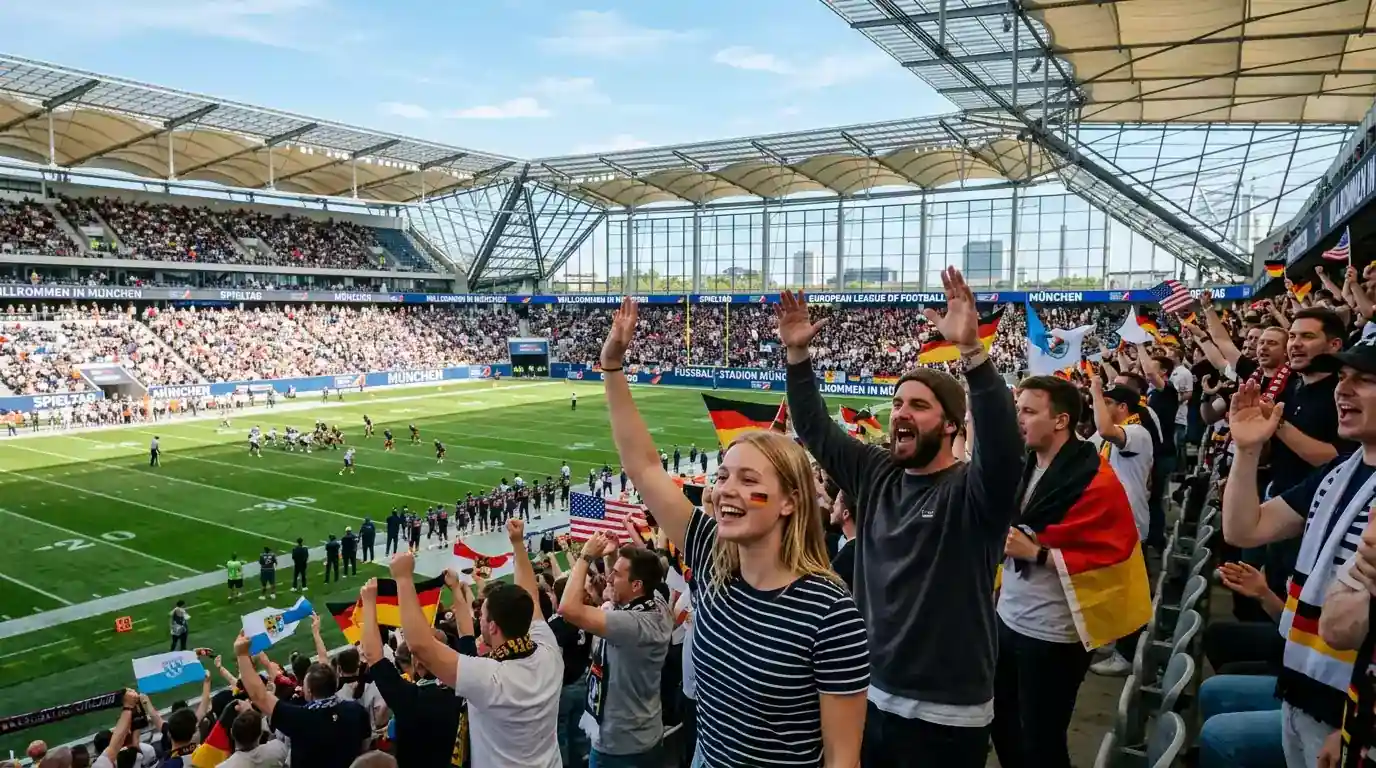 NFL-Spieltag in einem deutschen Stadion mit begeisterten Fans und American-Football-Spielfeld