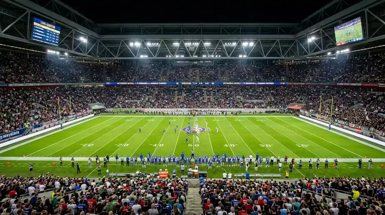 Stadionszene beim Super Bowl mit vollem Zuschauerrang und beleuchteter Spielfeldansicht