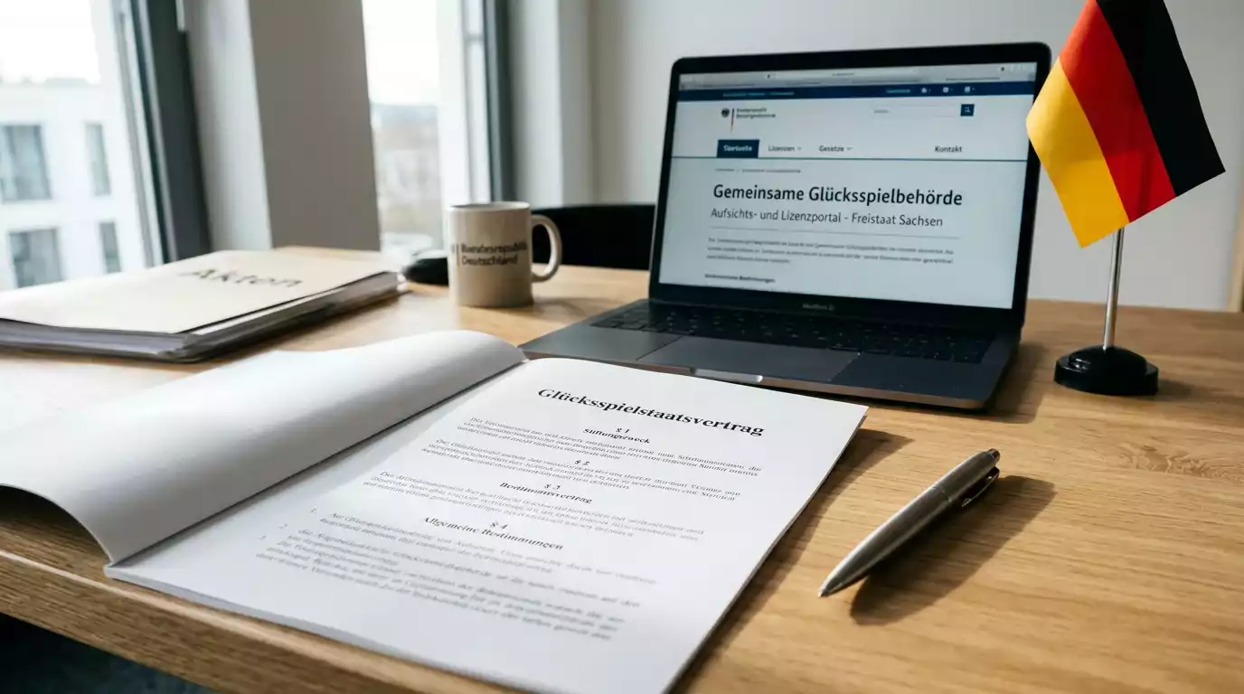 Dokument mit Paragrafenzeichen und GGL-Schriftzug auf einem Schreibtisch neben Laptop